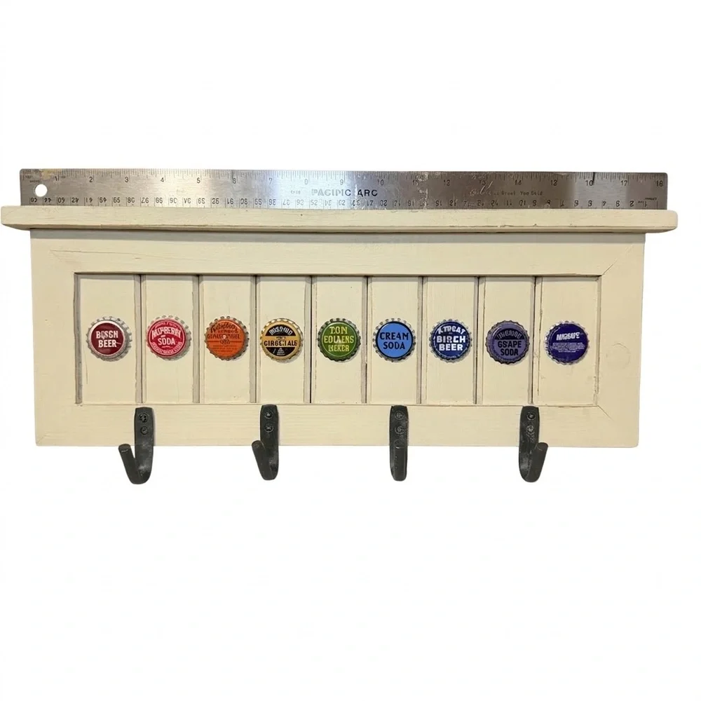 Rustic Soda Bottle Cap Wall Shelf & Coat Rack – 18